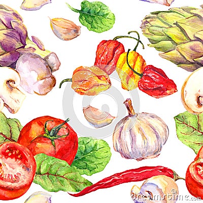 Kitchen pattern with vegetables - tomatoes, peppers, chilly, garlic. Seamless cooking background. Watercolor Cartoon Illustration