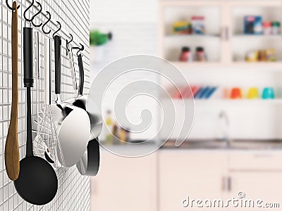 Kitchen rack hanging with kitchen background Stock Photo
