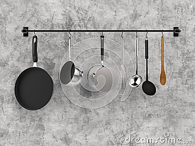Kitchen rack hanging with kitchen utensils Stock Photo
