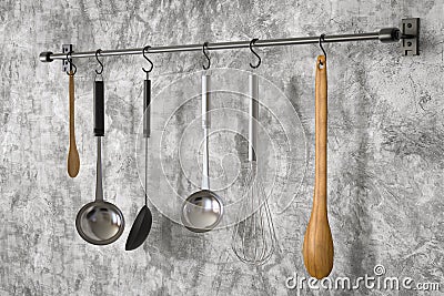 Kitchen rack hanging with kitchen utensils Stock Photo