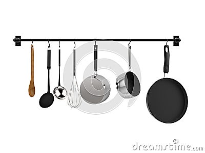 Kitchen rack hanging with kitchen utensils Stock Photo