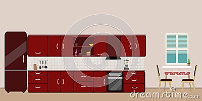 Kitchen red interior dining flat Vector Illustration