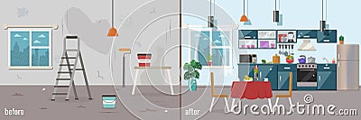 Kitchen before and after repair. Cartoon Illustration