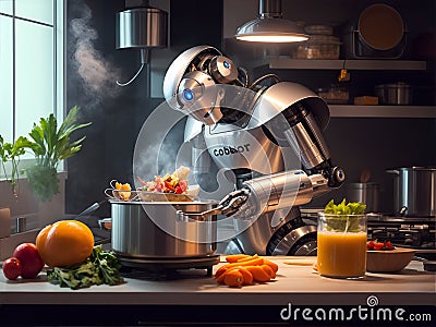 Kitchen Robot Chef in Action Stock Photo