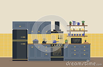 Kitchen room for food cooking interior with stove or oven, gas range and refrigerator or fridge, spice rack with jars Vector Illustration