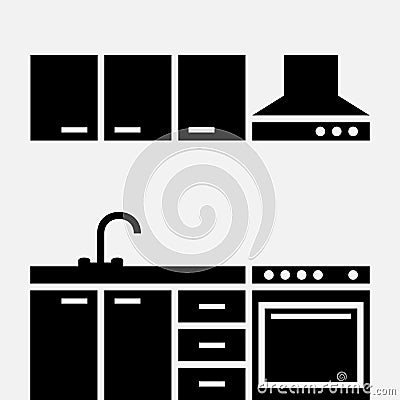 Kitchen room icon with cooker, hood, sink and furniture Vector Illustration