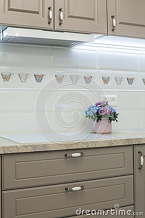 Kitchen room interior closeup, white induction hob, wooden cupboards and white tiles Stock Photo