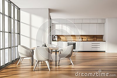 Kitchen room interior with oak wooden floor with four armchair Stock Photo