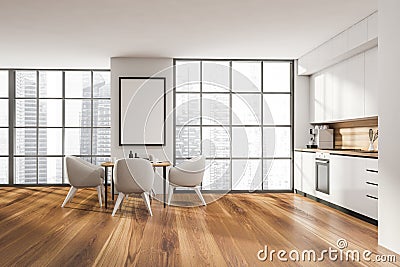 Kitchen room interior with white empty poster, table and armchairs Stock Photo