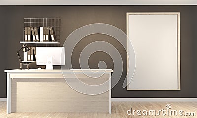 Kitchen room scene mock up with wooden counter kitchen and decoration on white room hexagon tiles wall. 3D rendering Stock Photo