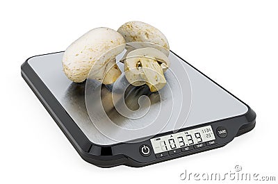Kitchen Scales with Champignon Mushrooms. 3D rendering Stock Photo