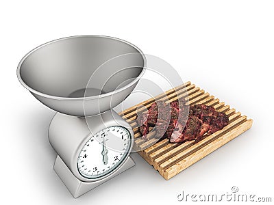 Kitchen scales and meat tenderloin on a white board 3d render on Stock Photo