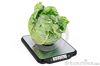 Kitchen Scales with Savoy cabbage. 3D rendering Stock Photo