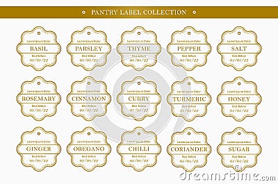 Kitchen seasoning pantry label organizer in gold color vector set collection Vector Illustration