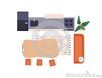 Kitchen set and dining table top view. Overhead room with furniture, eating and cooking areas. Home cooker, fridge Vector Illustration
