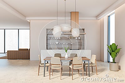 Kitchen set and light furniture with windows Stock Photo