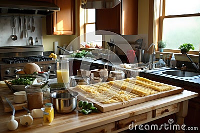 kitchen setup for hand rolling pasta Stock Photo