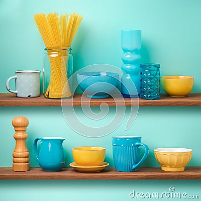 Kitchen shelf storage with tableware Stock Photo