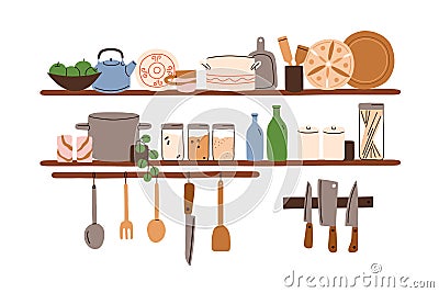 Kitchen shelf with utensil, kitchenware, food. Tableware, cookware, dinnerware, cutlery, cooking tools, cups Vector Illustration