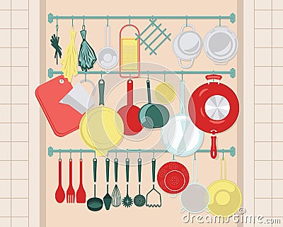 Kitchen Shelves With Cooking Utensils in Retro Style. Vector Illustration