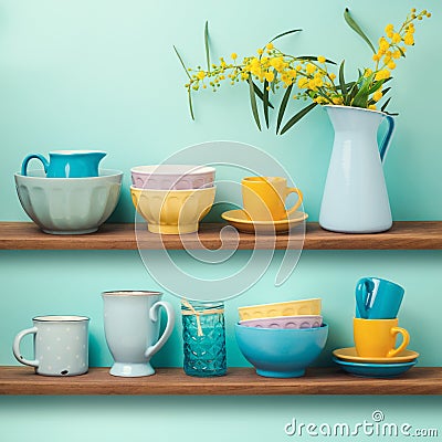 Kitchen shelves with cups and dishes Stock Photo