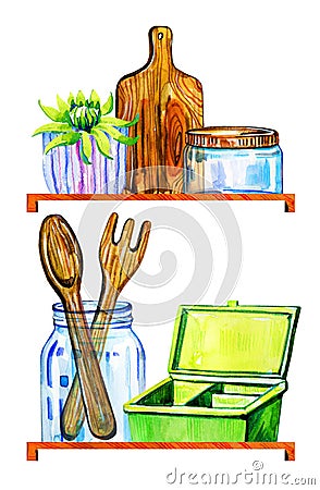 Kitchen shelves with zero waste utensils and containers Cartoon Illustration