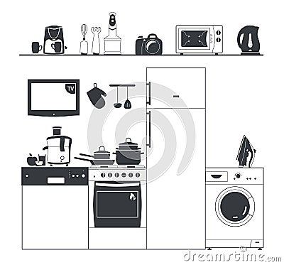 Kitchen silhouette appliances. Washing machine, coffee maker. Pots and fridge. Shelf with electrical appliances. Kitchen Vector Illustration