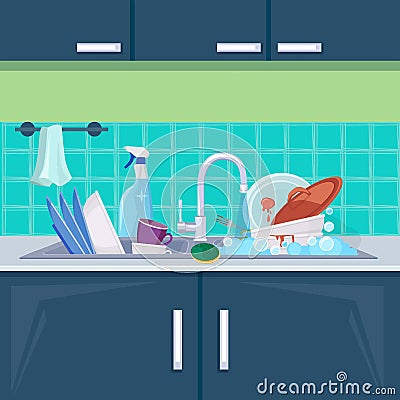 Kitchen sink dirty dishes. Background with plates bowls mugs for water cleaning vector cartoon illustration Vector Illustration