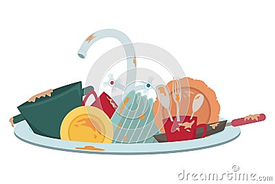 Kitchen sink with dirty dishes. Housework. Isolated illustration Vector Illustration