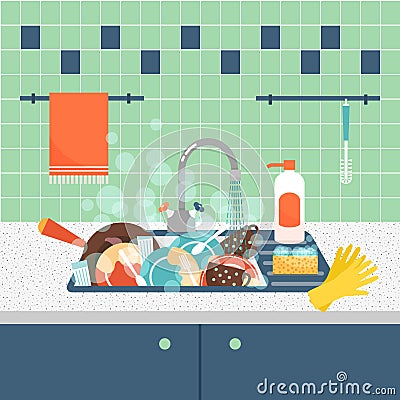 Kitchen sink with dirty kitchenware and dishes Vector Illustration