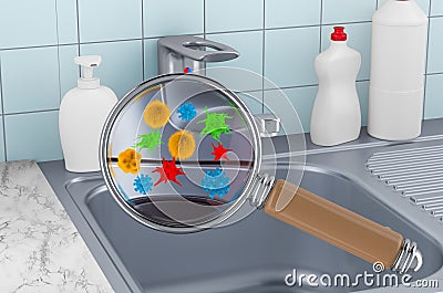 Kitchen sink with germs and bacterias under magnifying glass. 3D rendering Stock Photo