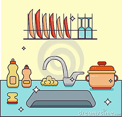 Kitchen sink with kitchenware Vector Illustration