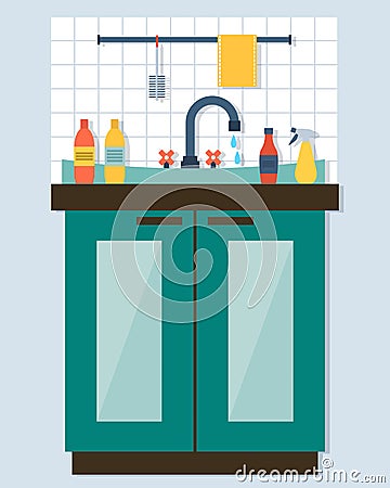 Kitchen sink with kitchenware Vector Illustration