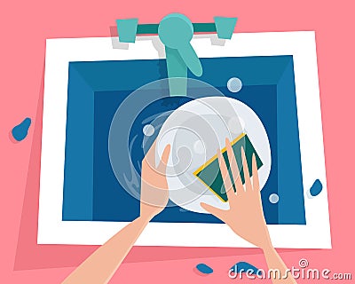 Kitchen sink with water. Hands wash the plate. Vector Illustration