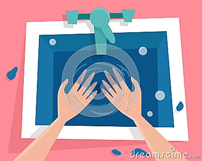 Kitchen sink with water and wet hands. Vector Illustration