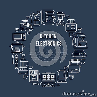 Kitchen small appliances equipment banner illustration. Vector line icon of household cooking tools blender mixer Vector Illustration