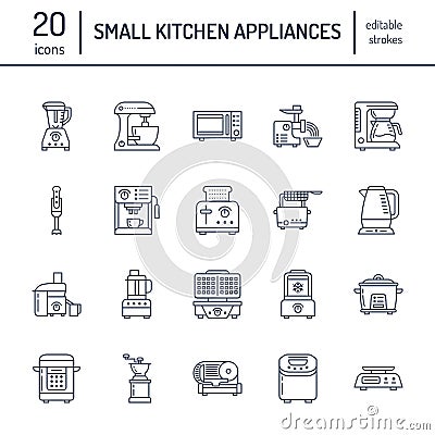 Kitchen small appliances line icons. Household cooking tools signs. Food preparation equipment - blender, coffee machine Vector Illustration