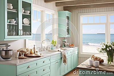 Kitchen with soft aqua walls, evoking a sense of tranquility. White cabinets, quartz countertops, and chrome fixtures Stock Photo