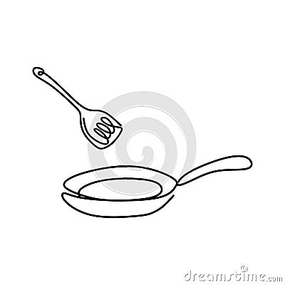 Kitchen stuff of frying pan one line continuous drawing minimalist design on white background Vector Illustration