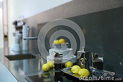 Kitchen surface with sink for dishes, table top on which the sta Stock Photo