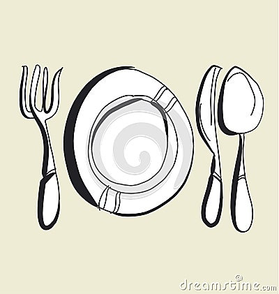 Kitchen tableware hand drawn image. fork, knife, plate and spoon sketch artwork. Vector Illustration