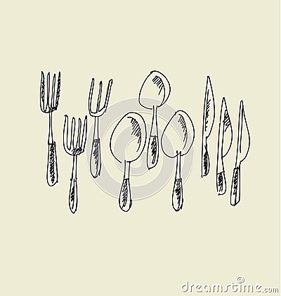 Kitchen tableware hand drawn image. fork, knife and spoon sketch artwork. Vector Illustration