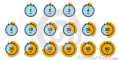 Kitchen timer icon set, 1 to 60 minutes countdown symbols Vector Illustration
