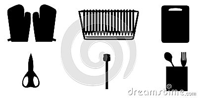 Kitchen tool collection - vector silhouette. Assortment of cooking utensils silhouettes. Vector Illustration