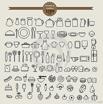 Kitchen tool icon set and food icon set Vector Illustration