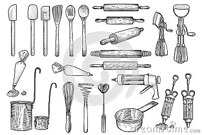 Kitchen, tool, utensil, vector, drawing, engraving, illustration, whisk, rolling pin, decorating Vector Illustration