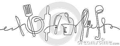 Kitchen tools. Continuous one line drawing kitchen utensils, cooking tool illustration, black and white outline cutlery Vector Illustration