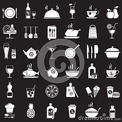 Kitchen tools, food and drinks icons set Vector Illustration