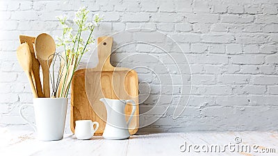 Kitchen tools and kitchenware utensil object on kitchen shelf wood white for healthy eat and health care life. Stock Photo