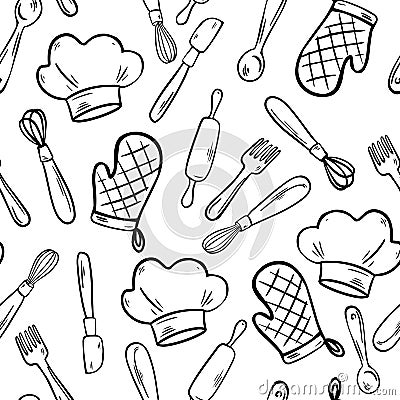 Kitchen tools seamless pattern. Doodle free hand style for kitchen stuff. Kitchenware. cooking utensils background. Cartoon Vector Vector Illustration